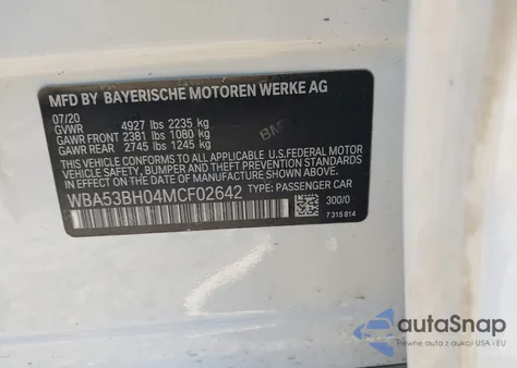 2021 BMW 530I z USA, uszkodzony, nr VIN WBA53BH04MCF02642